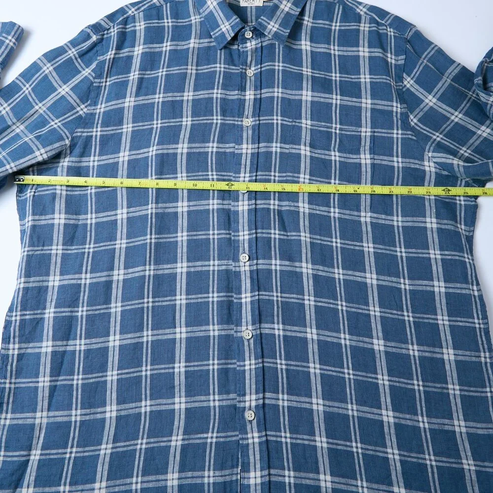 Faherty Laguna 100% Linen Nightfall Plaid Button Down Blue Shirt XXL